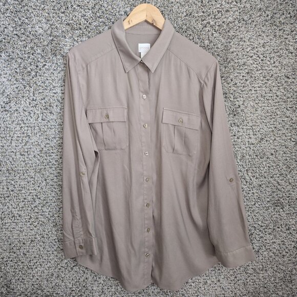 Chicos Top Womens 2 US Large Beige Button Up Roll Tab Sleeve Collared Casual - Picture 1 of 7